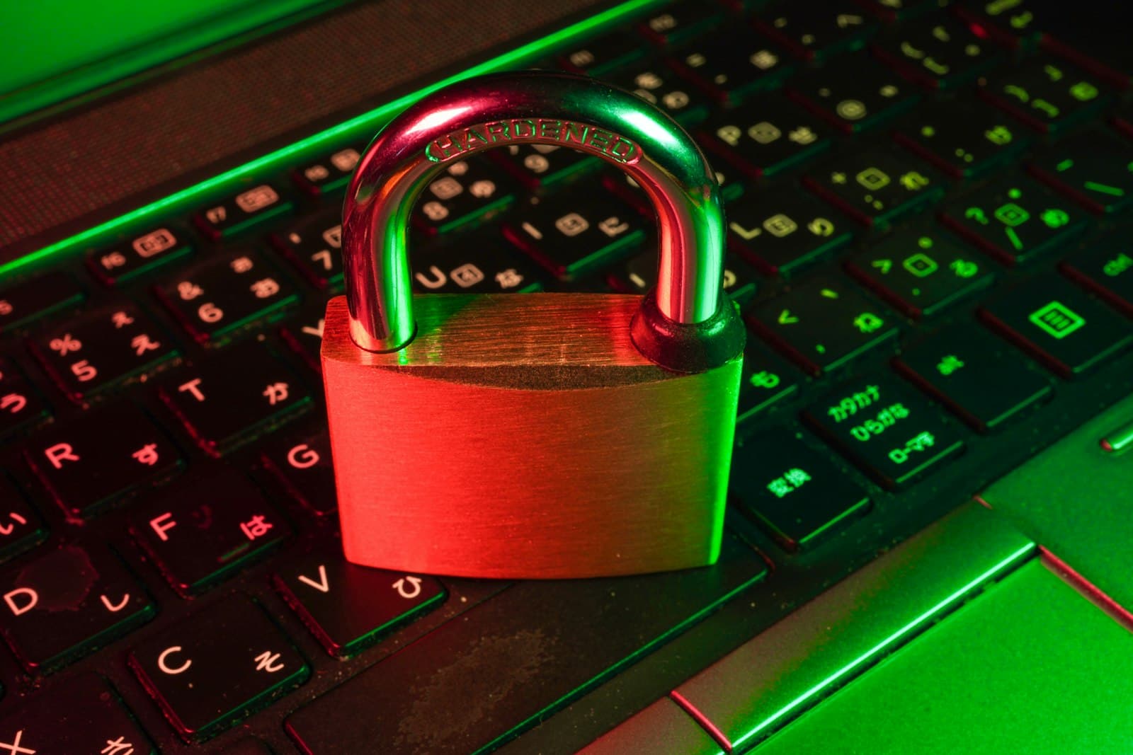 Lucchetto rosso su tastiera computer simbolo cybersecurity contro phishing AI