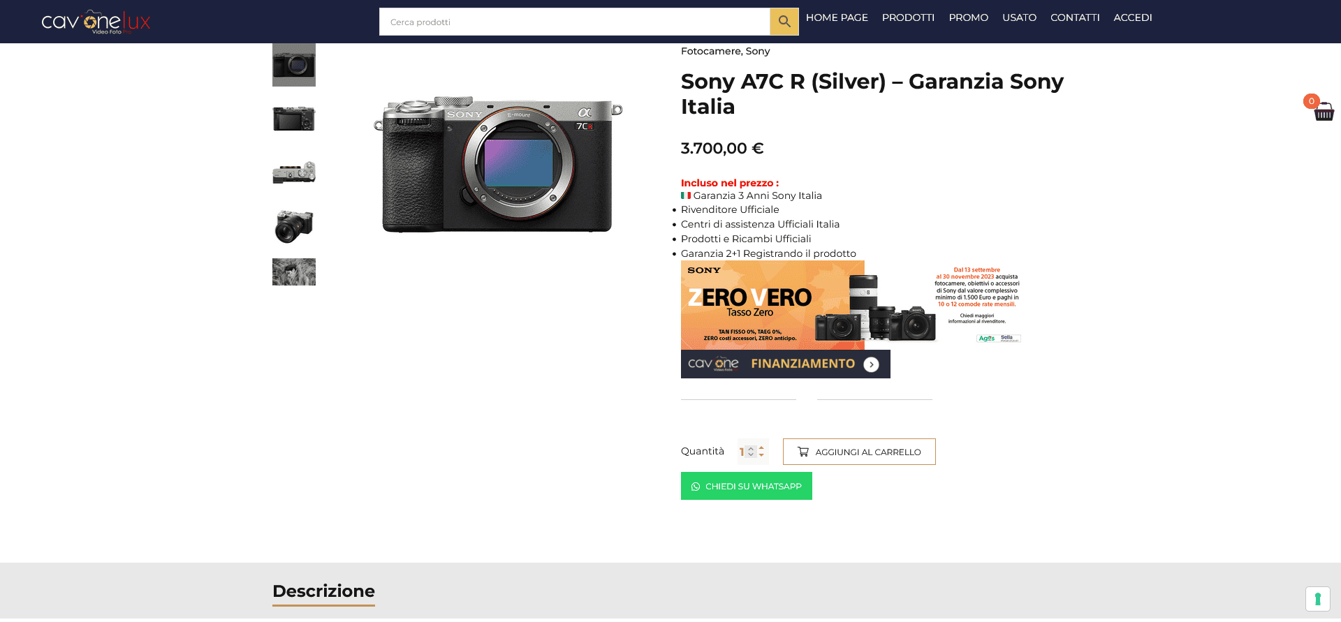Scheda prodotto fotografico CavoneLux con specifiche