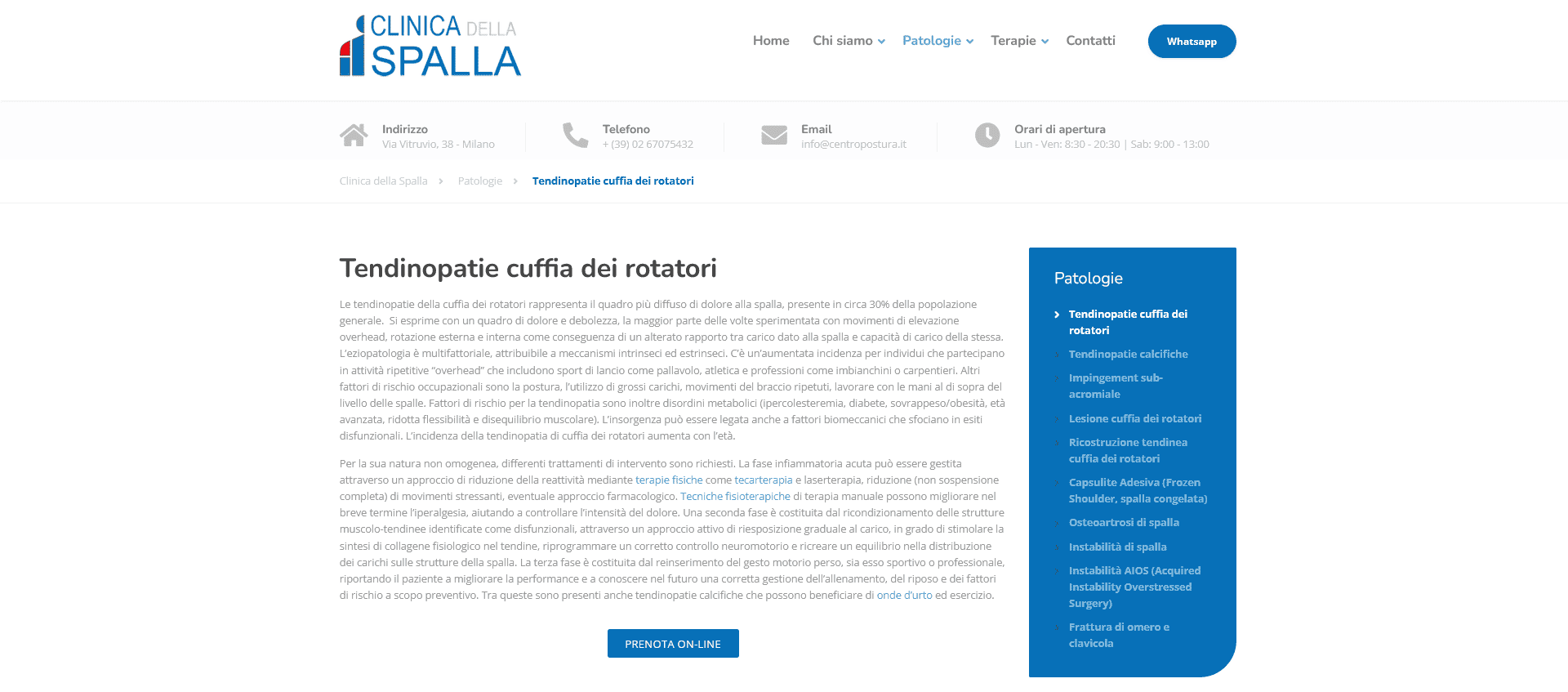 Pagina dettaglio patologia spalla con trattamenti