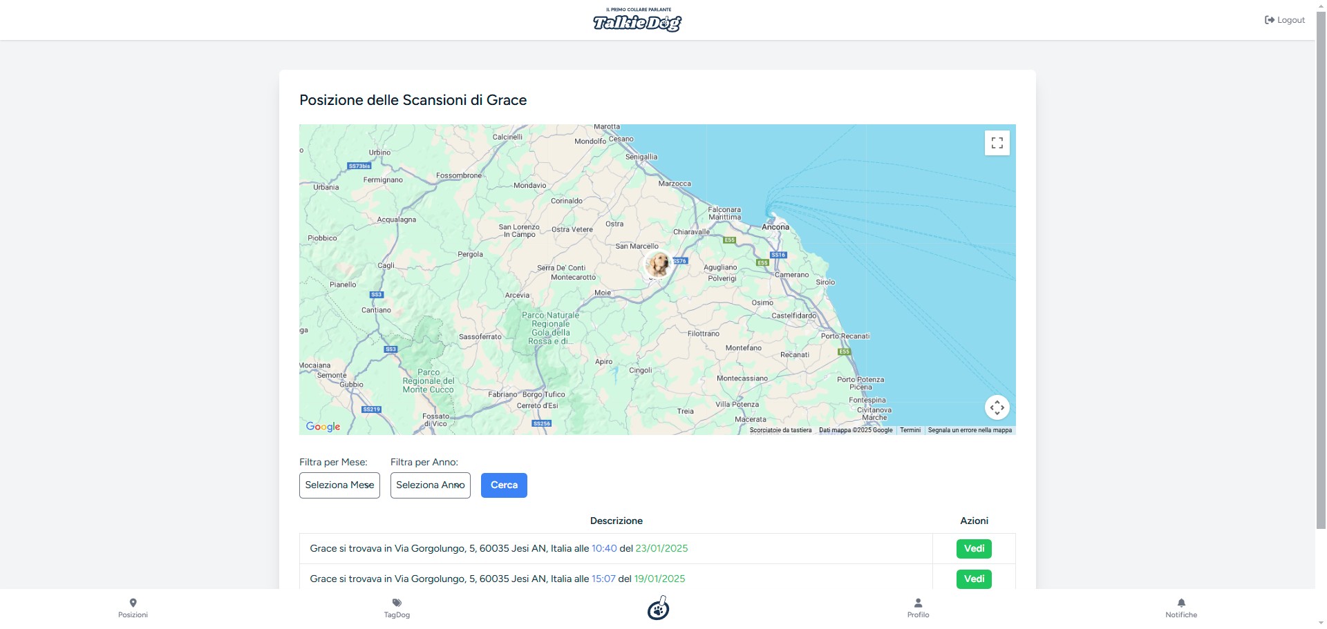 Mappa localizzazione GPS animale smarrito TalkieDog